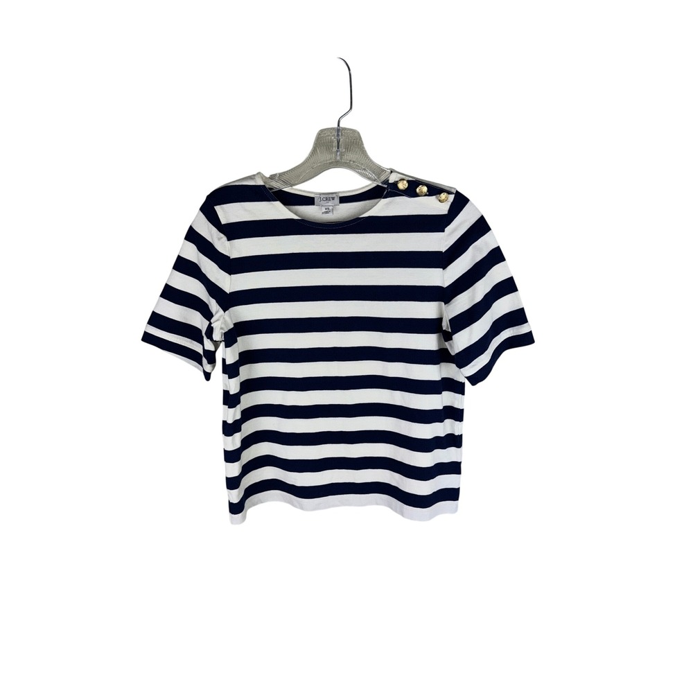J.Crew Womens Navy Blue White Striped Gold Button Shoulder T-Shirt XS